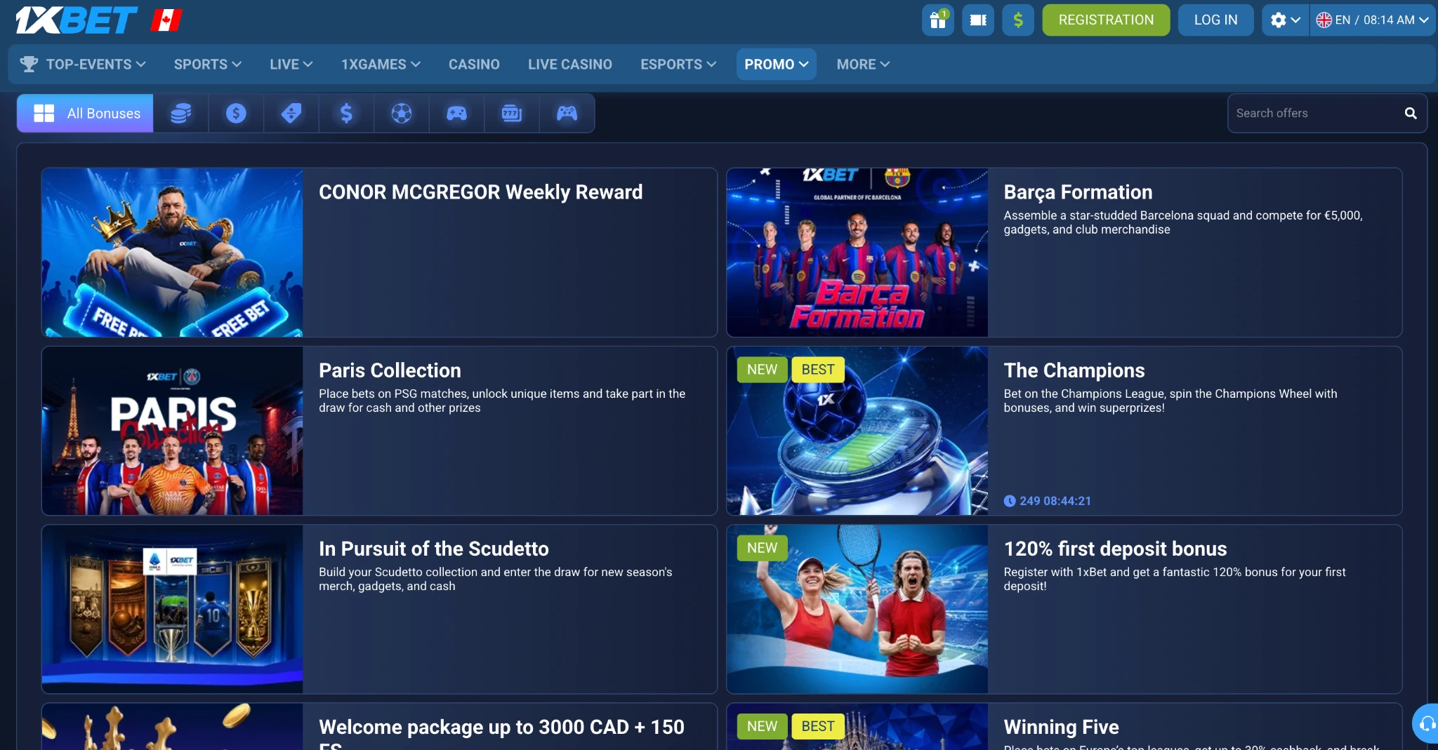 1xbet bonus offers section