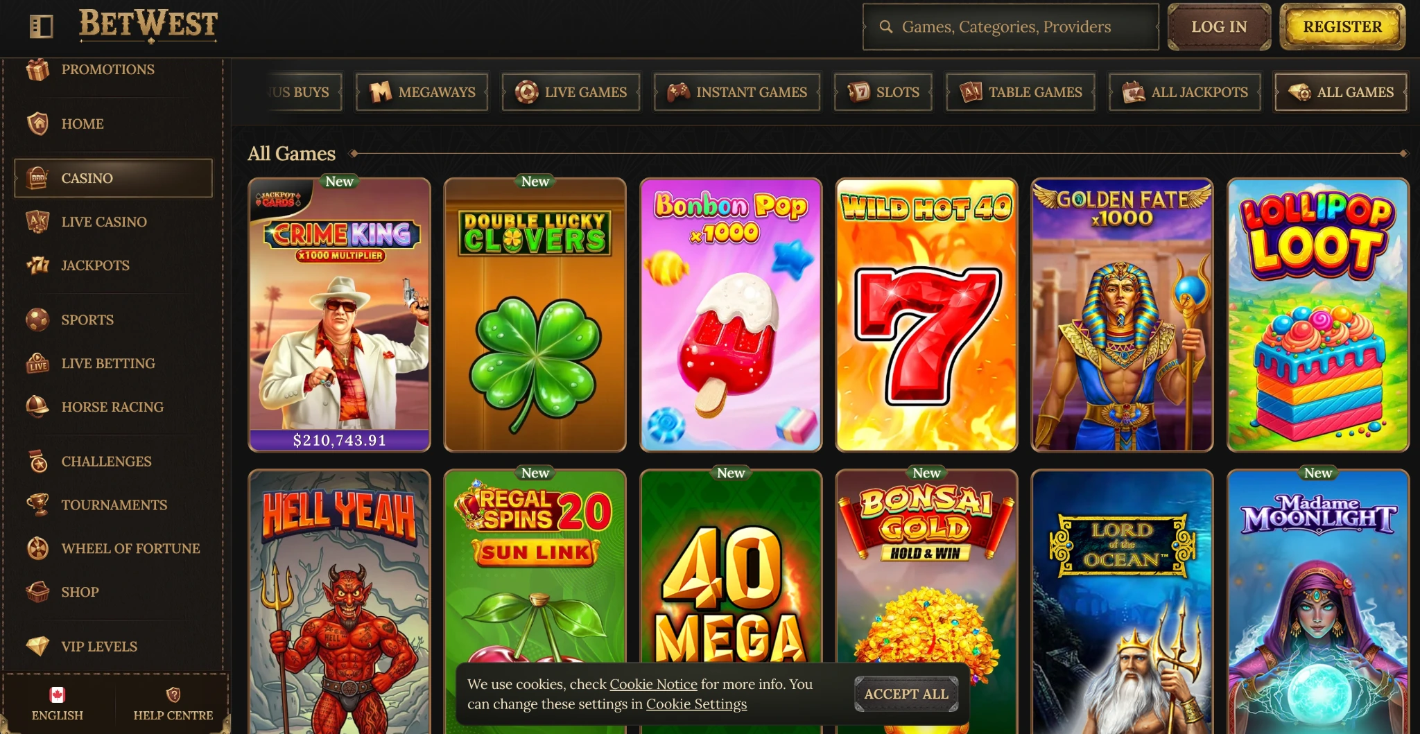 Betwest casino games lobby
